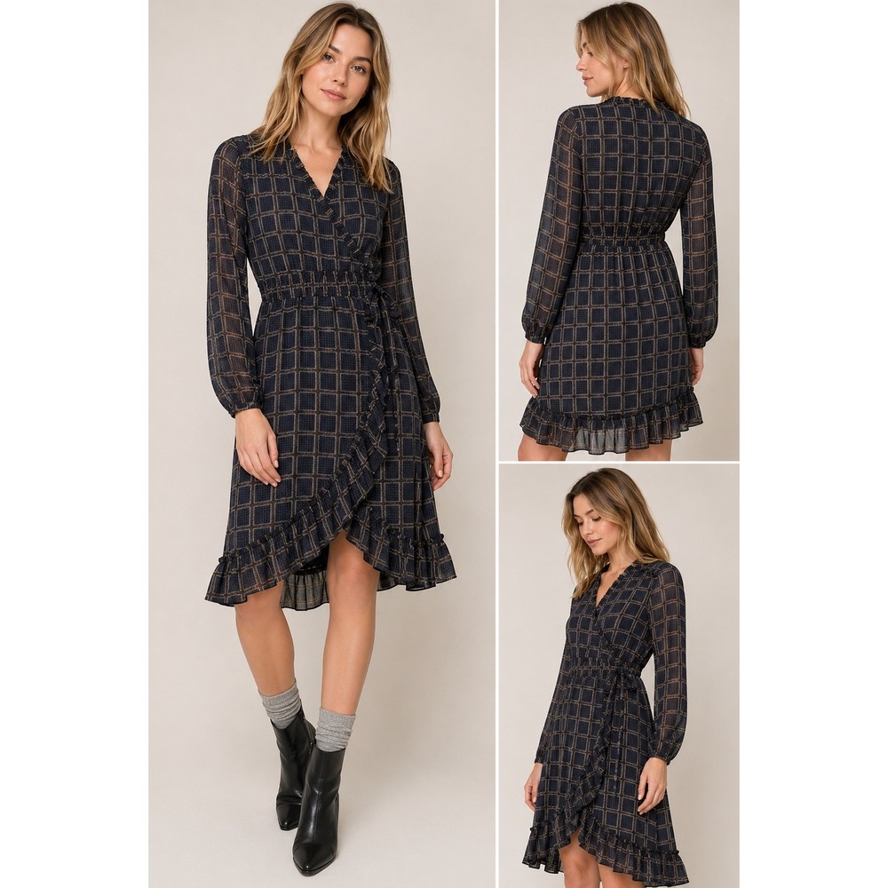 Anthropologie dRA Cicero Wrap Asymmetric Dress Ruffle Plaid Boho Blue - Large